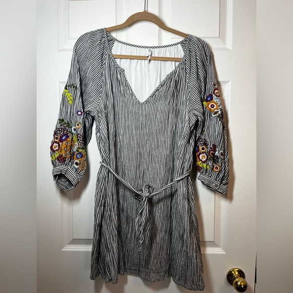 Anthropologie Dresses & Skirts - FEATHER AND BONE ANTHROPOLOGIE Striped Dress Floral Embroidery Sz Small Petite